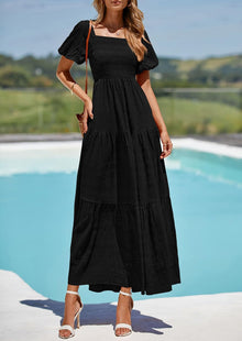 Reese Maxi Dress for Women Summer – Square Neck Smocked Dress, Puff Sleeves & Flowing Ruffles