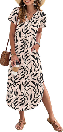 Nina Maxi Dress for Women Summer – Long V-Neck Dress with Slit, Short Sleeves & Pockets