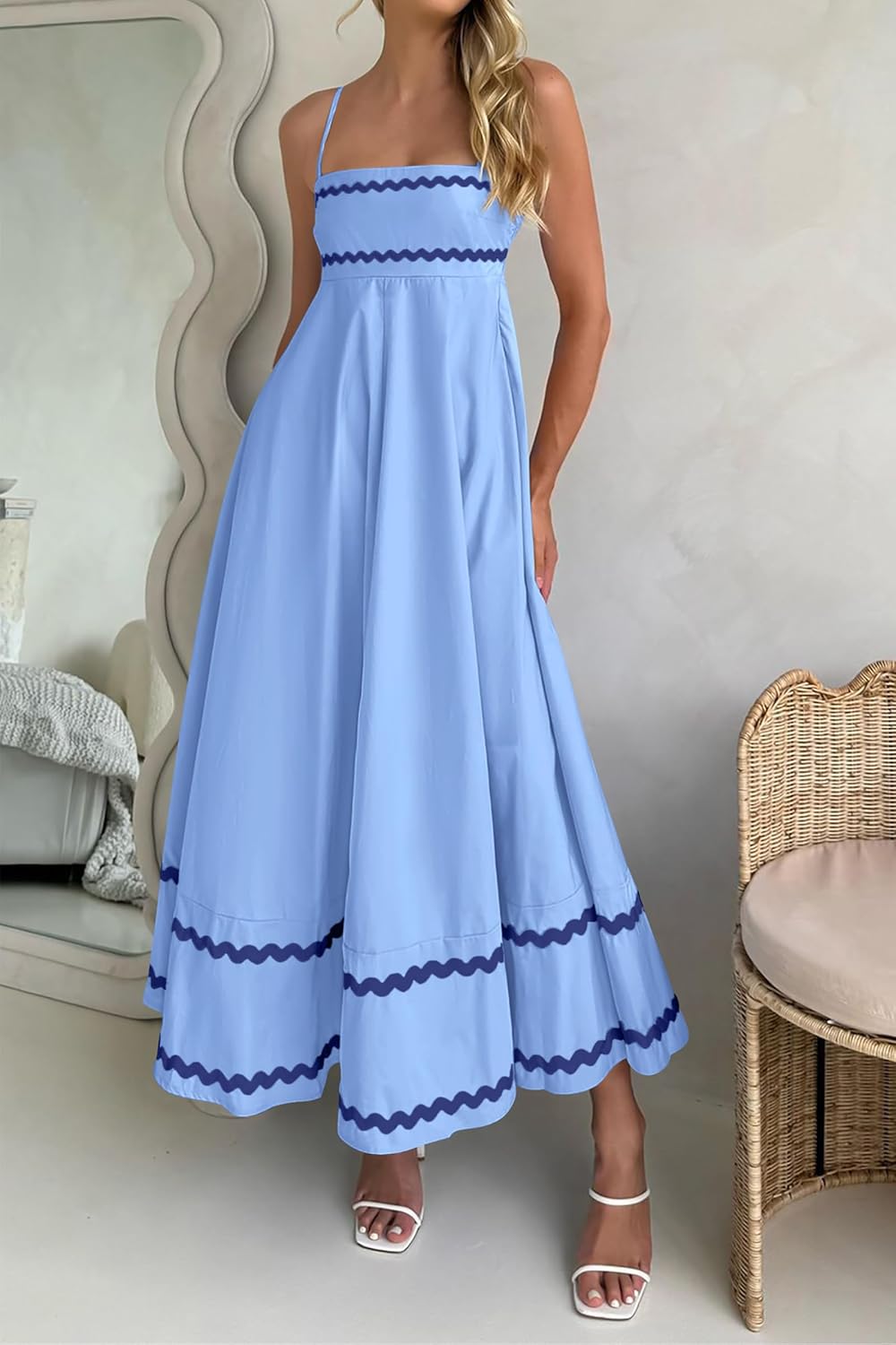 Luan Maxi Dress for Women Summer – Long Dress with Thin Straps, Square Neck, Ruffles & Flowing Cut