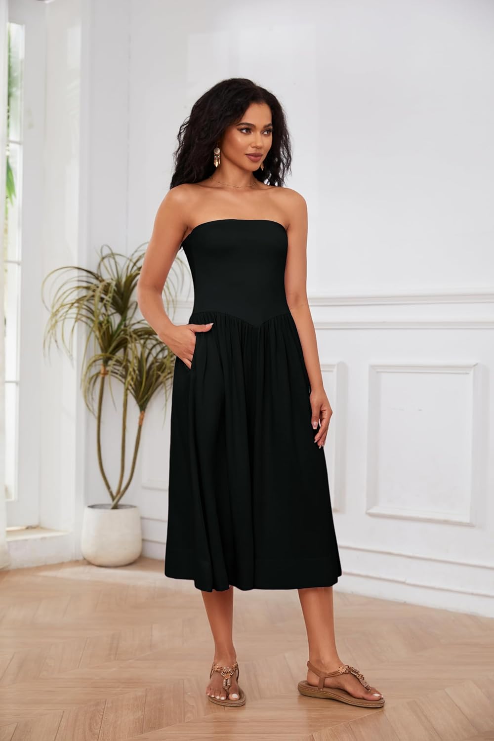 Lina Midi Dress for Women – Sleeveless Bustier Dress with Low Waist A-Line Summer Chic