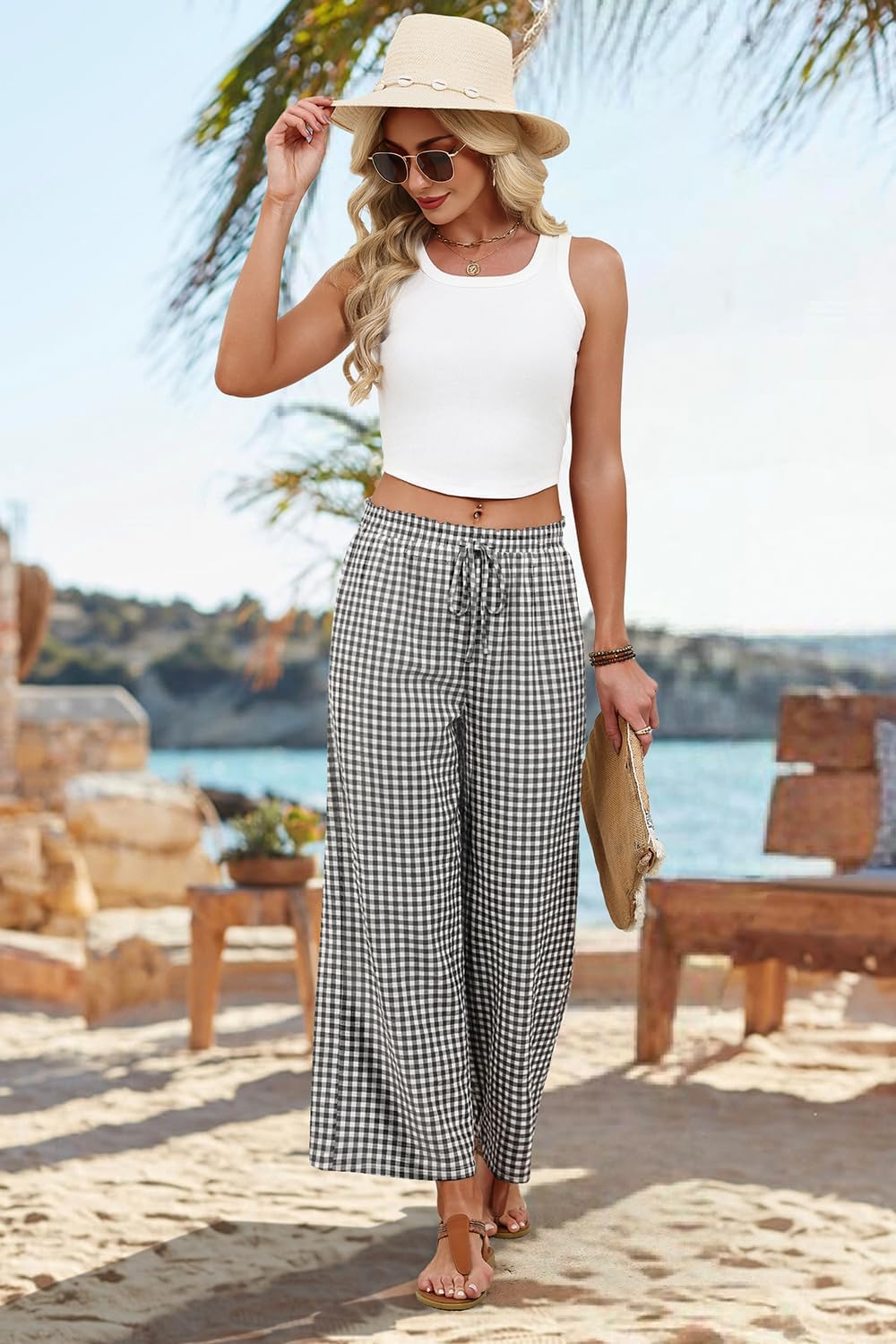 Mindi Women's Palazzo Pants – Wide Flowing Cut, Elastic Waist with Casual Chic Drawstring