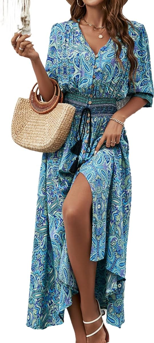 Liezl Women's Bohemian Floral Dress – V-Neck Wrap, Flowing Midi, 3/4 Sleeves