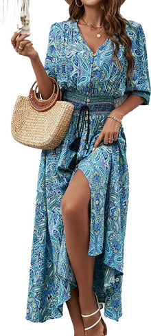 Liezl Women's Bohemian Floral Dress – V-Neck Wrap, Flowing Midi, 3/4 Sleeves