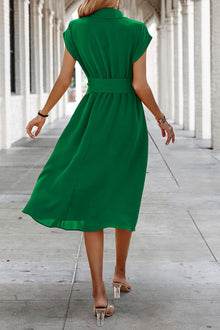 Camille Midi Dress for Women – V-Neck Buttoned Dress with Belt and Pockets Summer