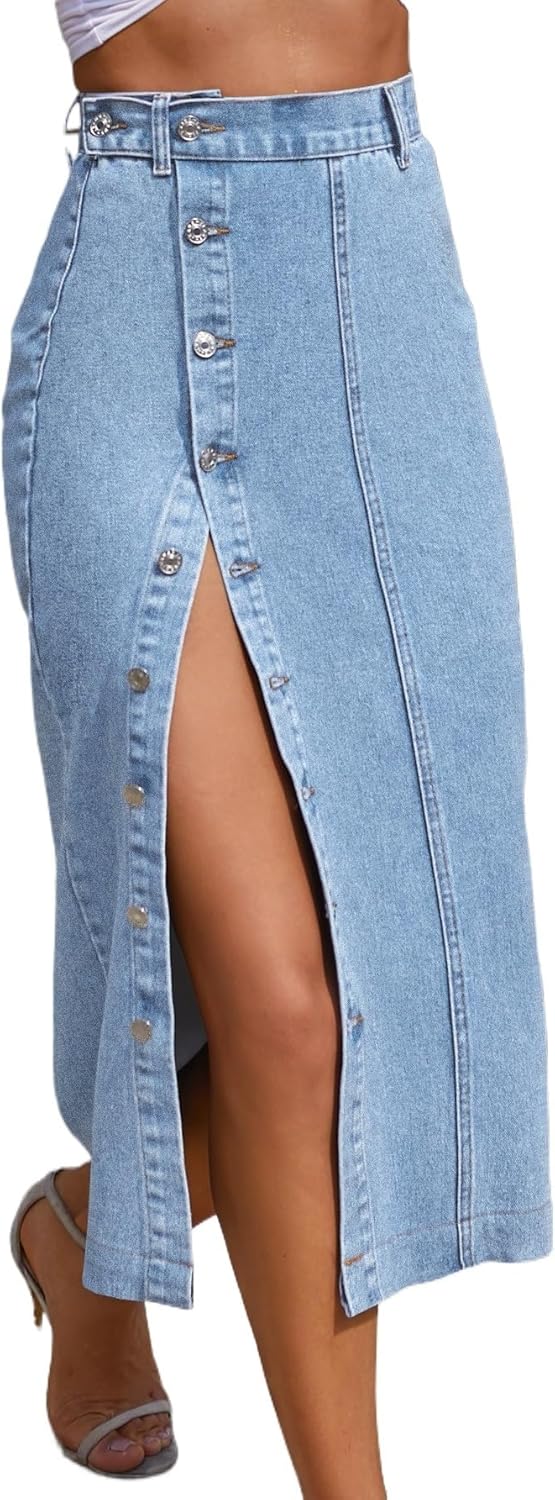Caramia Women's Denim Skirt – High Waist Midi Skirt, Buttoned & Slit