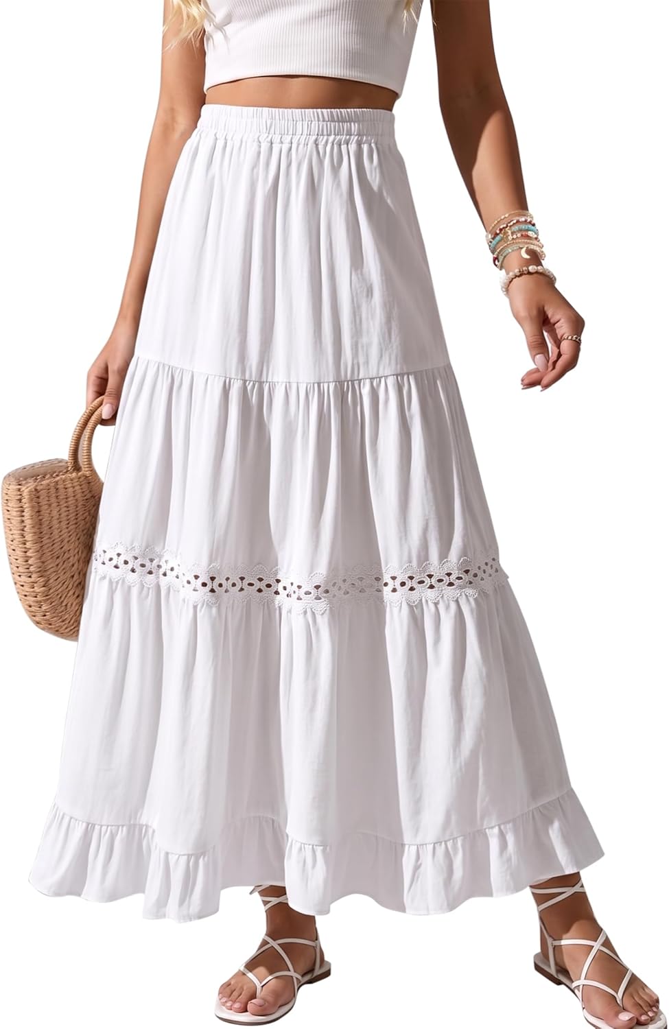 Edith Jupe Maxi Women’s Skirt – Bohemian Cotton Skirt, Crochet Lace & Ruffles