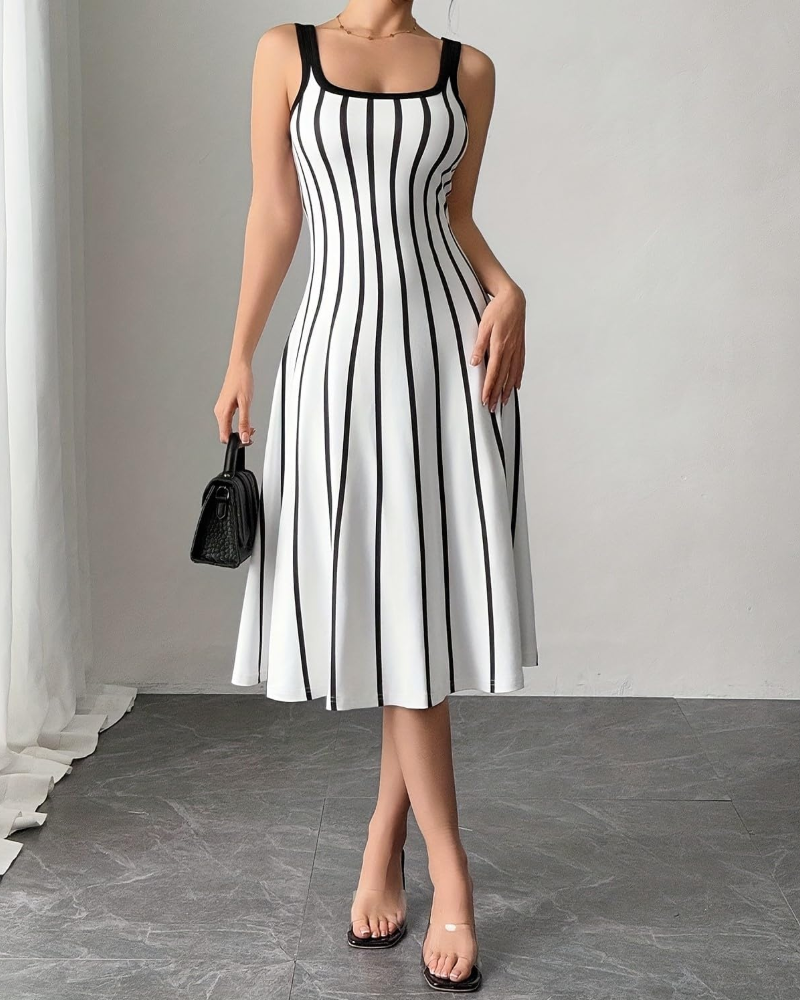 Torianna Midi Dress for Women – Vertical Stripes, Square Neck & Elegant Fitted Cut