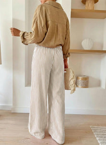 Arlyn Women's Pants – Wide Striped Palazzo with Elastic Waist & Pockets