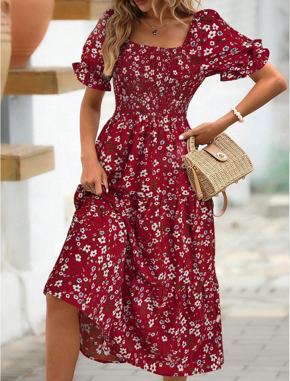 Angeli Women's Floral Dress – Puff Sleeves, Tied Waist, Chic Mini Summer Cut