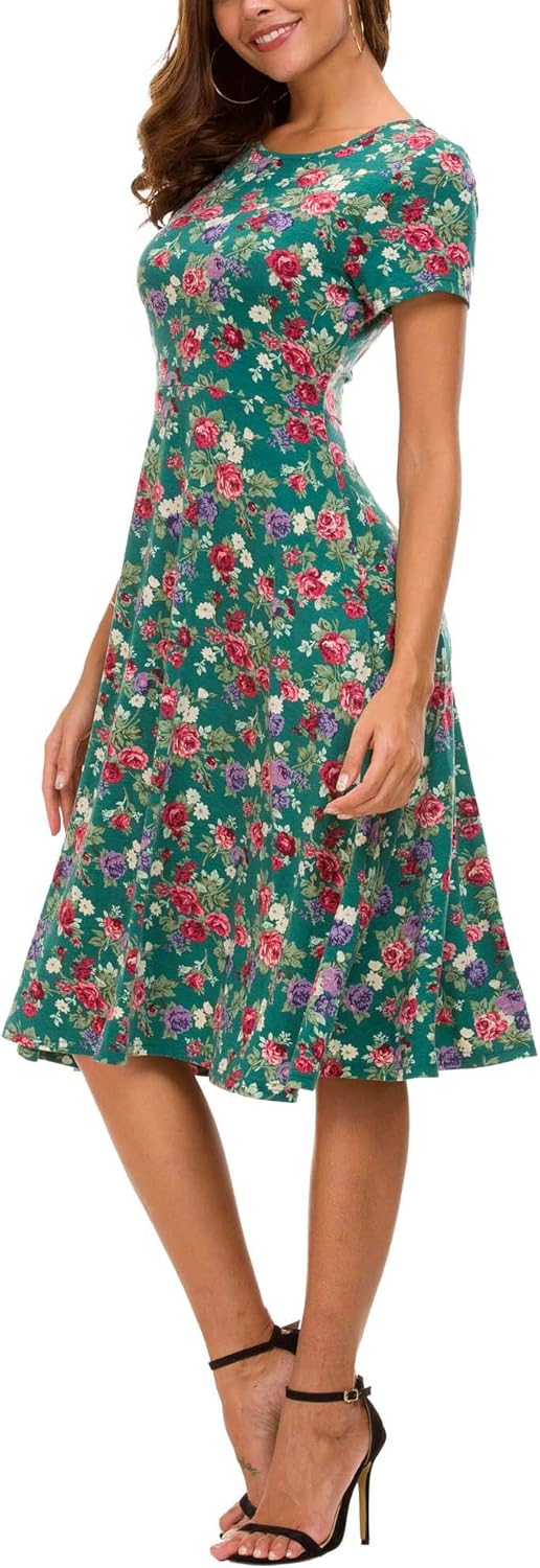 Léonie Women's Floral Midi Dress – Flared Dress with Short Sleeves and Round Neck for Summer