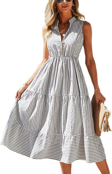Claire Midi Shirt Dress for Women – Elegant Sleeveless Striped Dress with V-Neck and Buttons