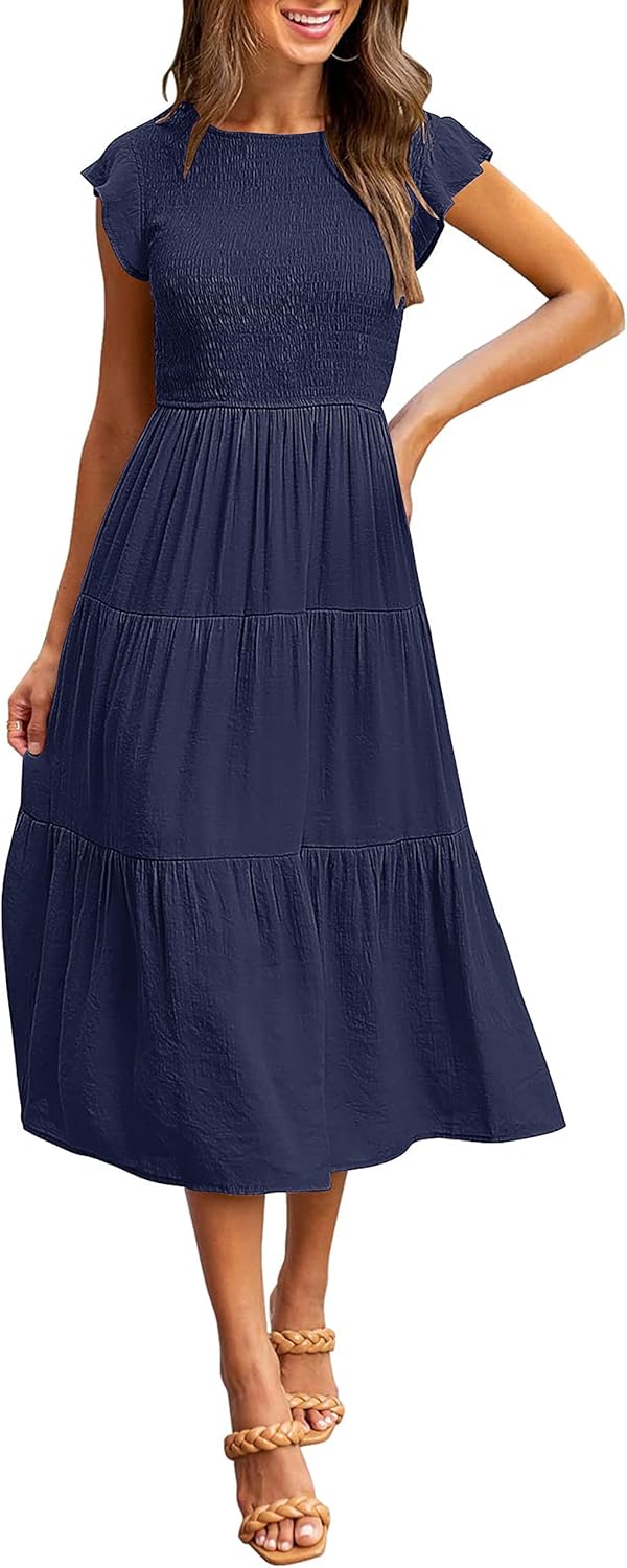 Louise Midi Dress for Women – Summer Smocked Dress with Flounce Sleeves, Elegant A-Line Cut