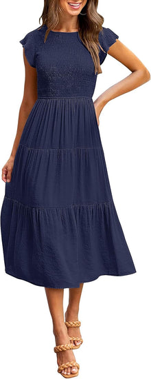 Louise Midi Dress for Women – Summer Smocked Dress with Flounce Sleeves, Elegant A-Line Cut