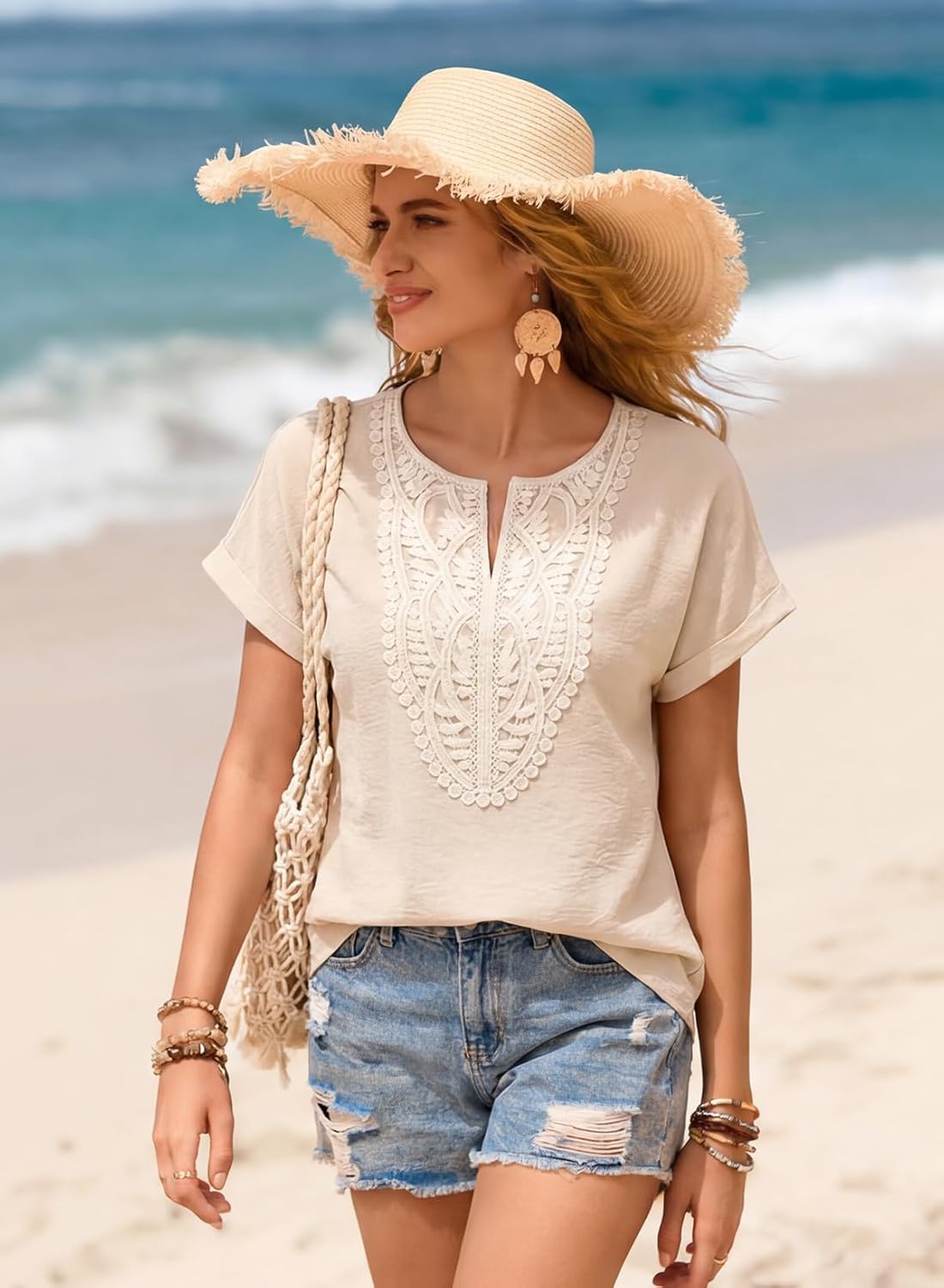 Aelina Women's Blouse – Bohemian V-Neck Top with Lace & Elegant Loose Fit