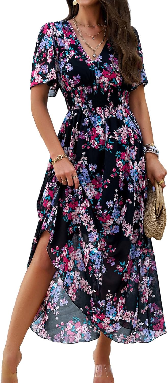 Jade Women's Maxi Floral Dress – High Waist, V-Neck, Short Sleeves Bohemian Summer