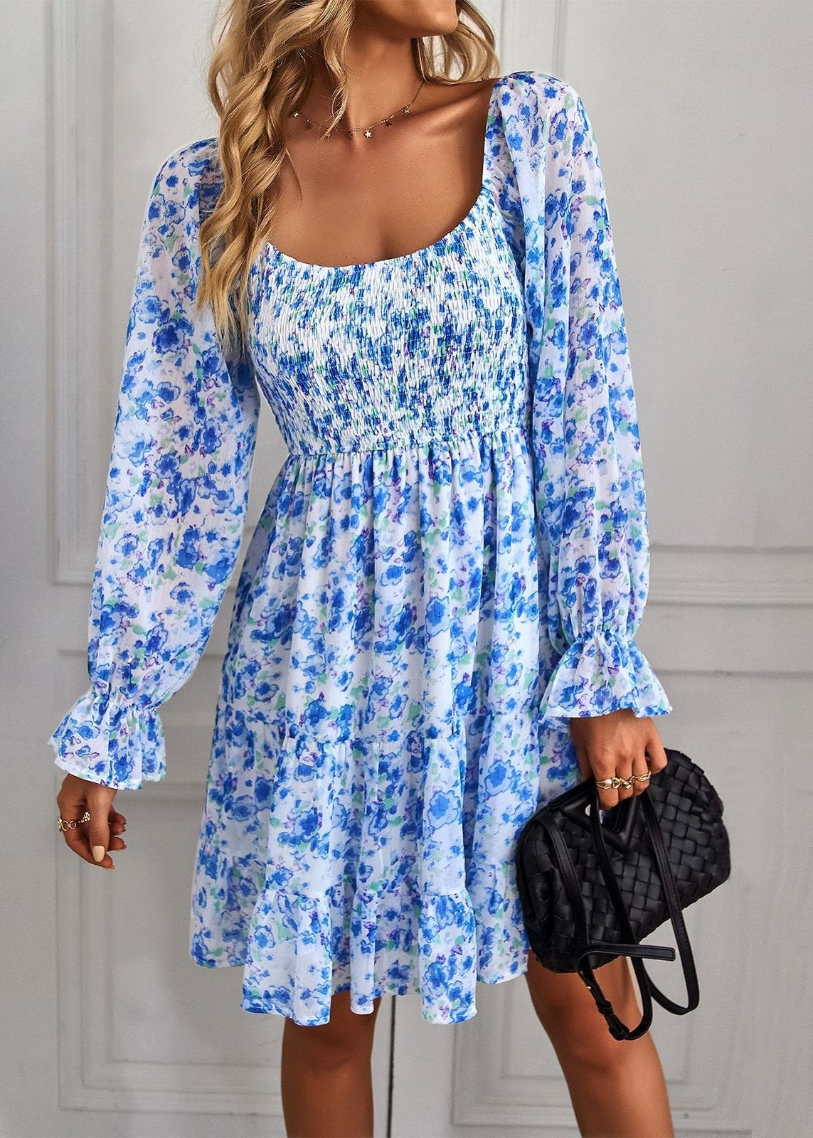 Aria Robe Midi Woman – Floral Dress with Ruffles, U Neckline & Summer Fitted Cut