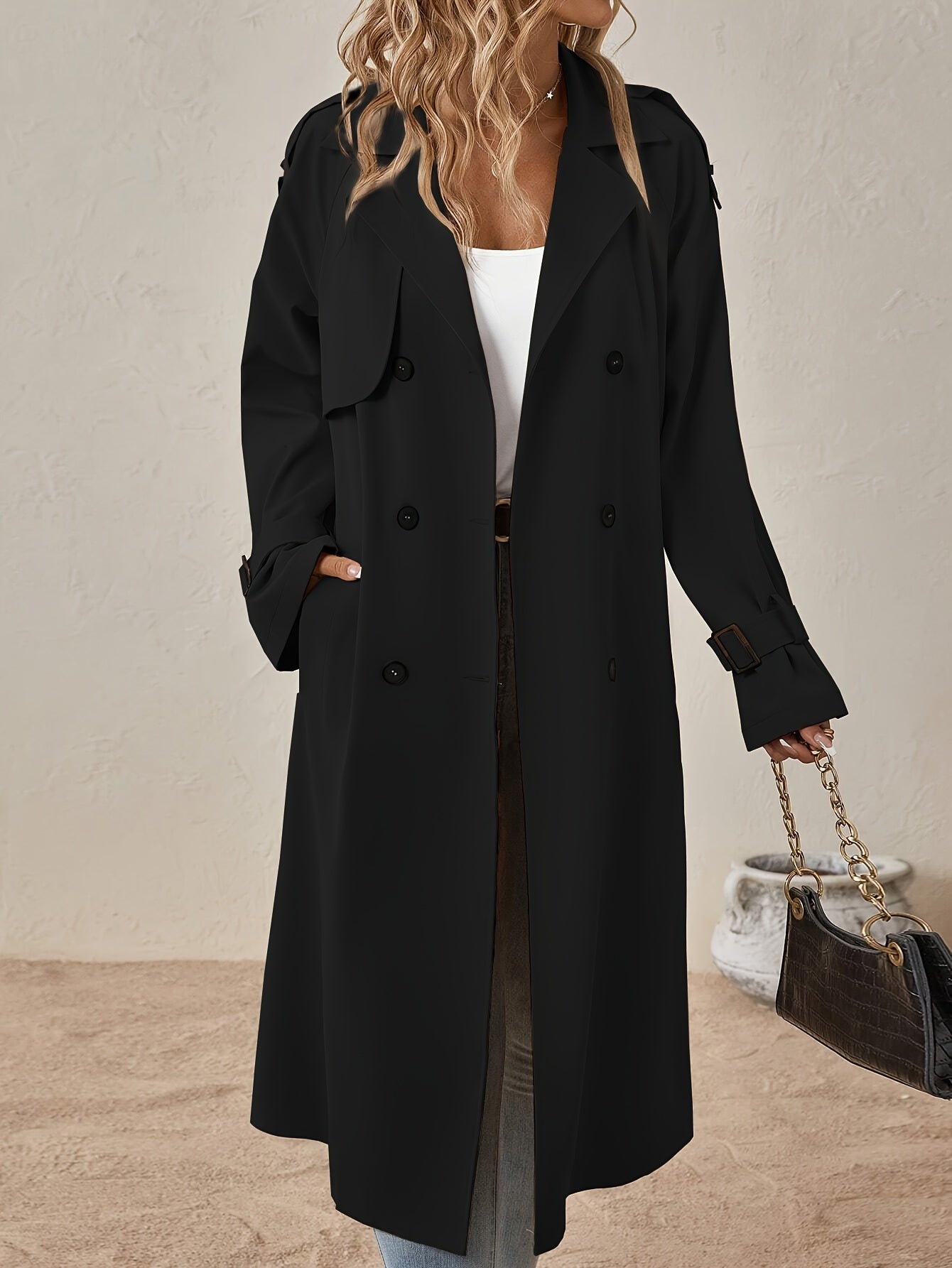 Eshita Trench for women – Elegant long coat in cotton blend with structured cut & button closure