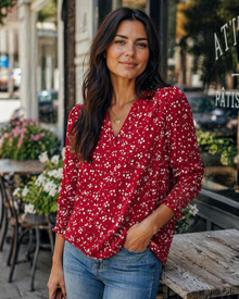 Veda Women's Blouse – Chic V-Neck Top with 3/4 Puff Sleeves & Smocked Cuffs