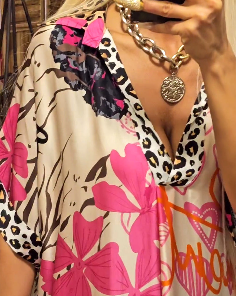 Robe Femme Diana – Elegant Long Dress with Deep V-Neckline, Leopard Print & Airy Cut