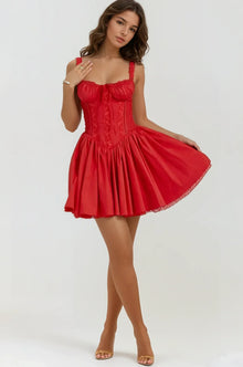 Syra Short Dress Woman – Satin Corset Dress with Flared Babydoll Skirt & Lace Finishes