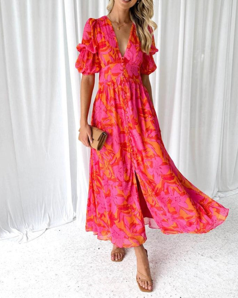 Dorothy Classic Dress Woman – V-neck & Puff Sleeves in Elegant Red Pink