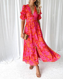 Dorothy Classic Dress Woman – V-neck & Puff Sleeves in Elegant Red Pink