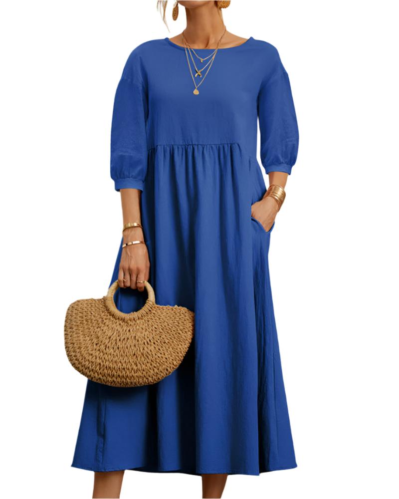 Flore Midi Dress Women – Breathable Cotton Linen, Round Neck, Lantern Sleeves, Summer Comfort