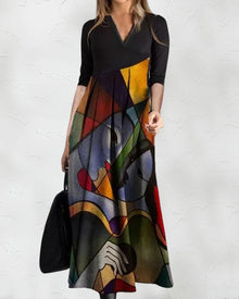 Robe Femme Nina – Elegant Flared Dress with Long Sleeves with Color Block Pattern & Refined Pleats