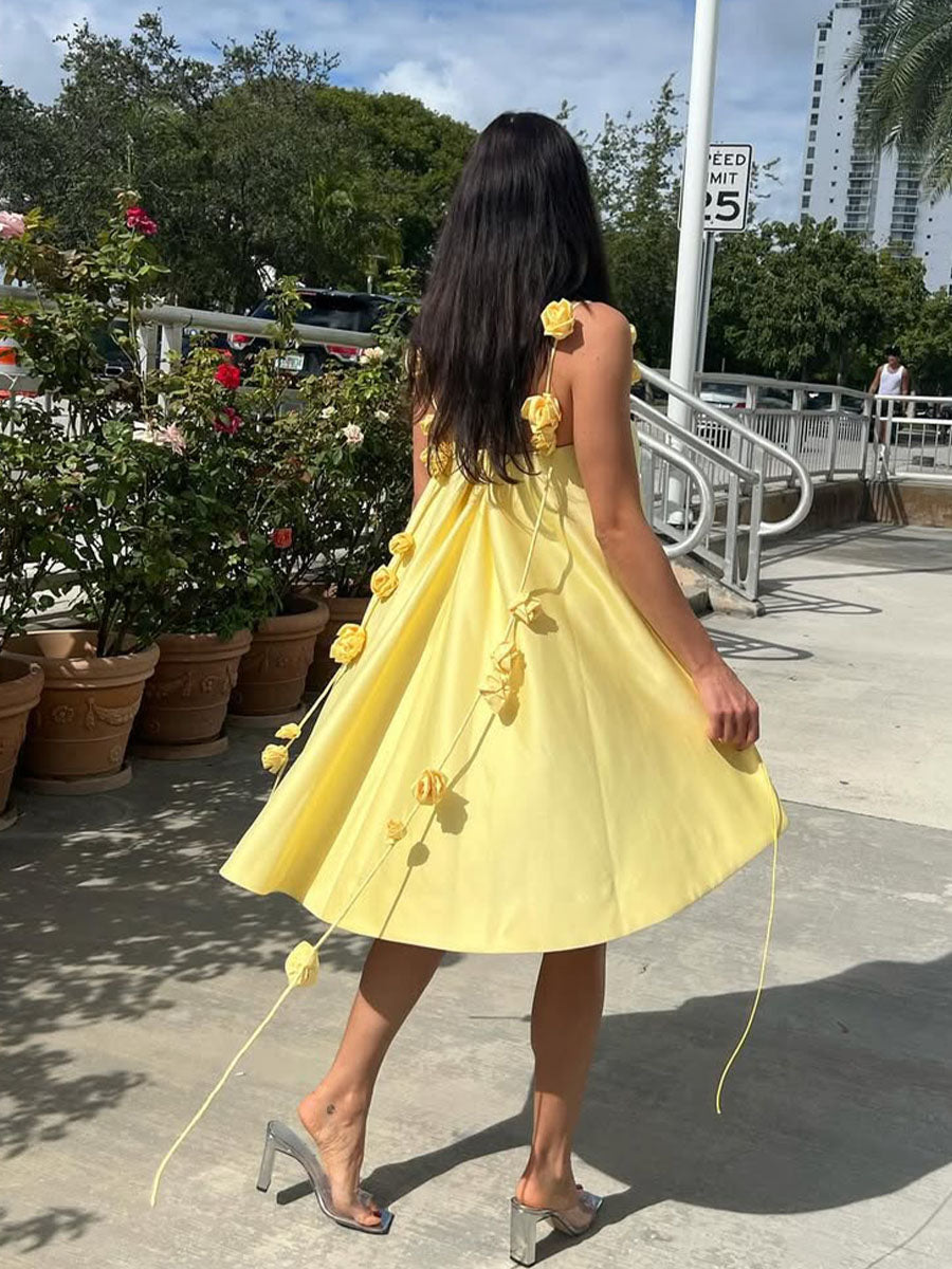 Genesis Summer Dress Women – Yellow Cotton Dress A-Line Cut with Floral Straps & Light Cut