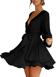 Cléo Short Women's Dress – Flared Dress with V-Neck, Belt & Long Sleeves