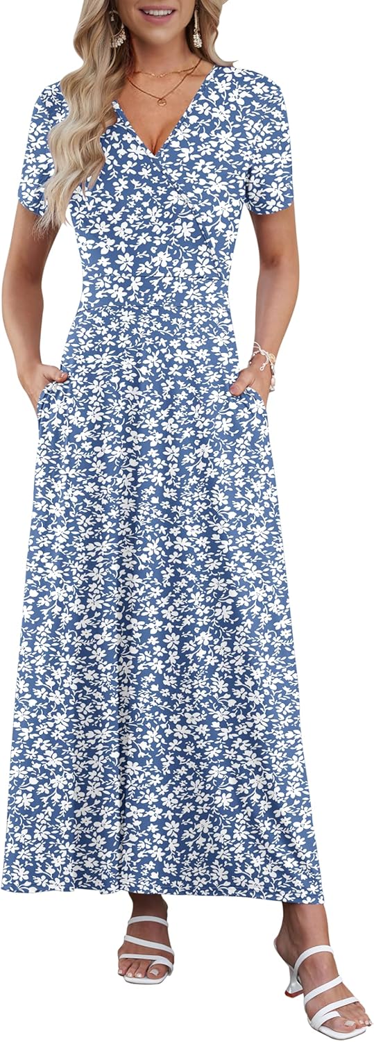 Women's Analysis Dress – Bohemian Maxi Dress with V-Neck Wrap, Short Sleeves, Empire Waist, Pockets, Summer
