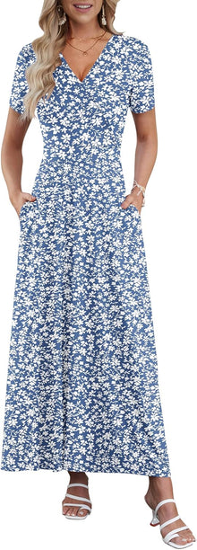 Women's Analysis Dress – Bohemian Maxi Dress with V-Neck Wrap, Short Sleeves, Empire Waist, Pockets, Summer