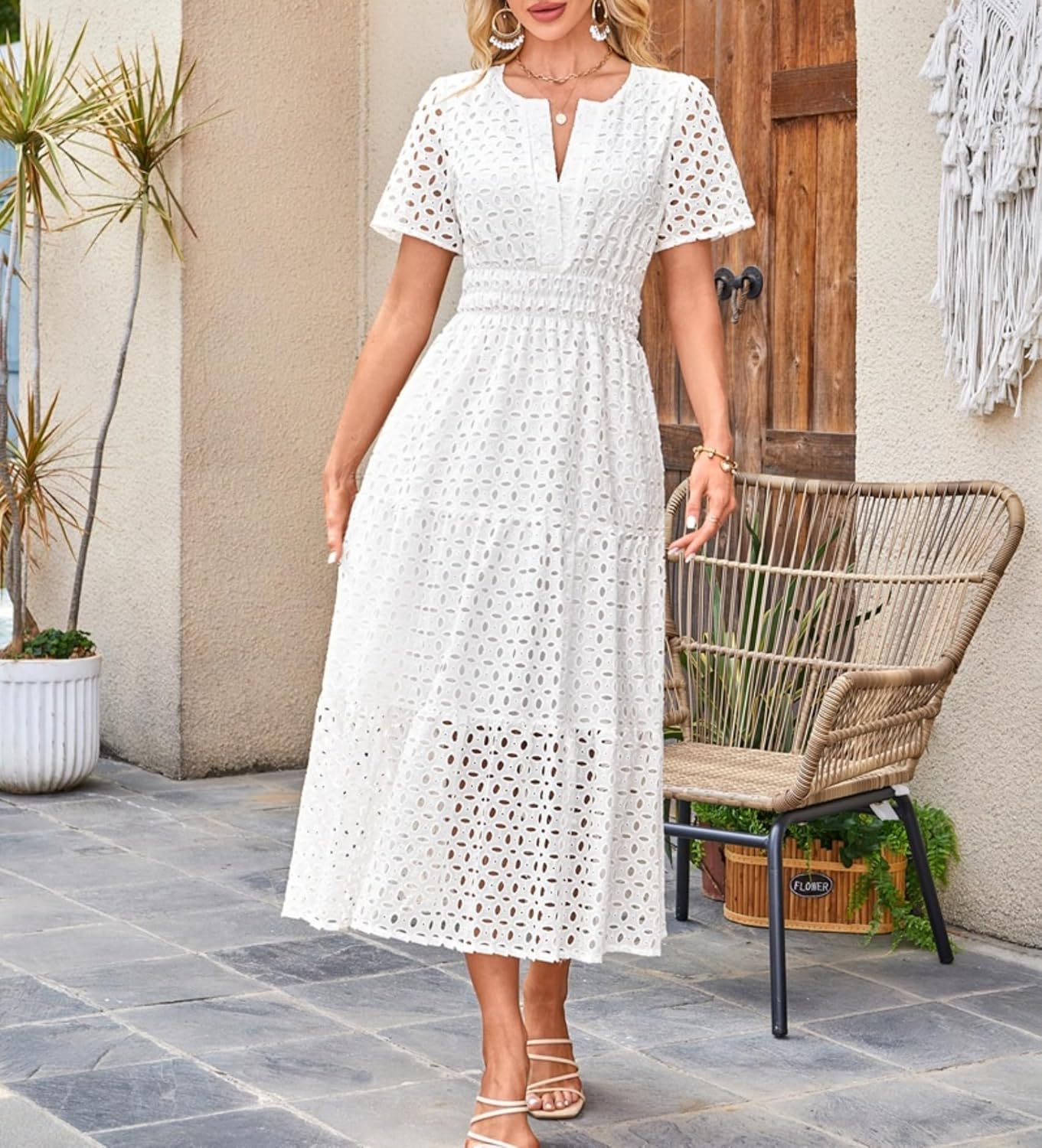 Clara Women's Dress – Maxi Dress with English Embroidery, V-Neck, High Waist, Bohemian Summer