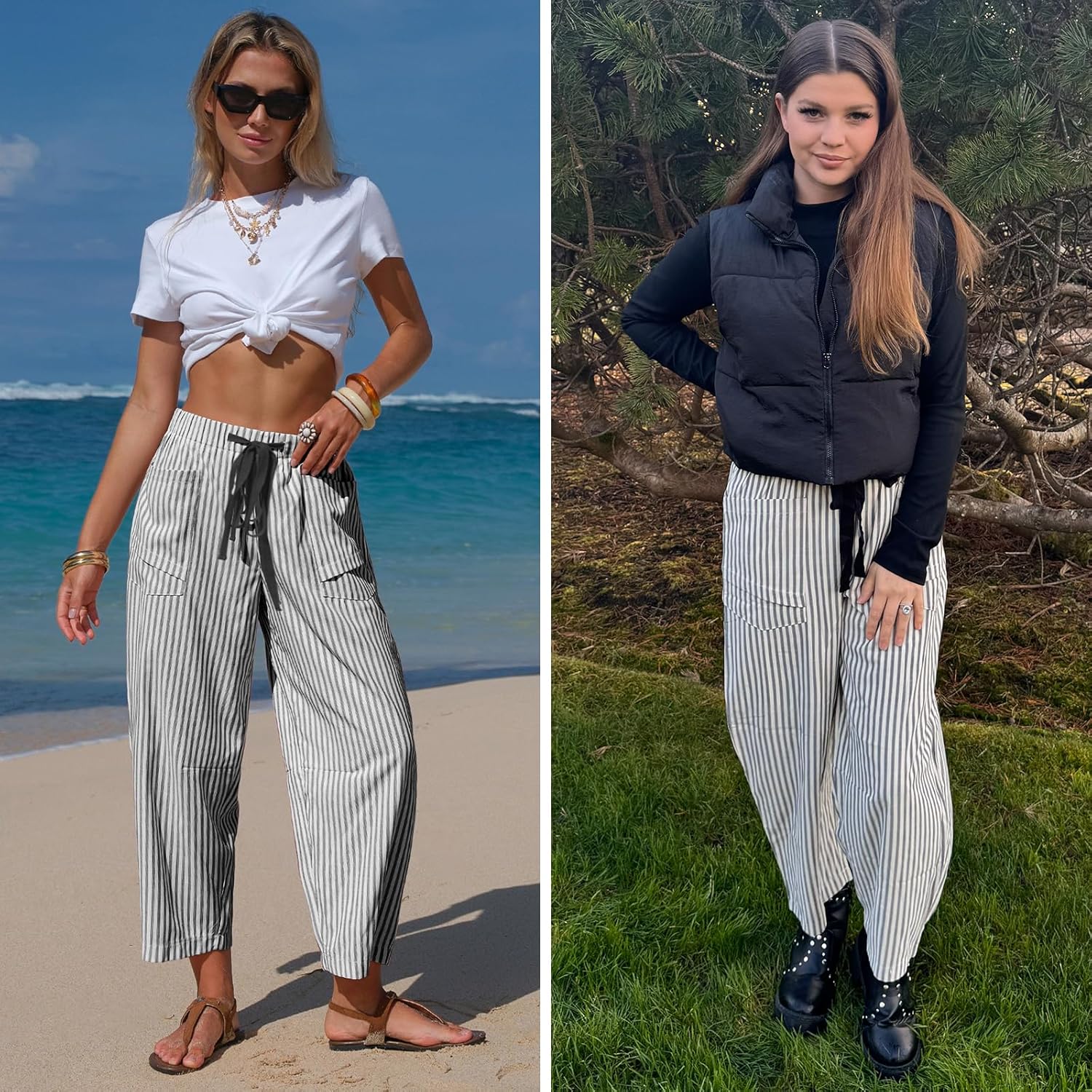 Léna Women's Pants – Striped Capri Linen Effect with Elastic Waist & Pockets