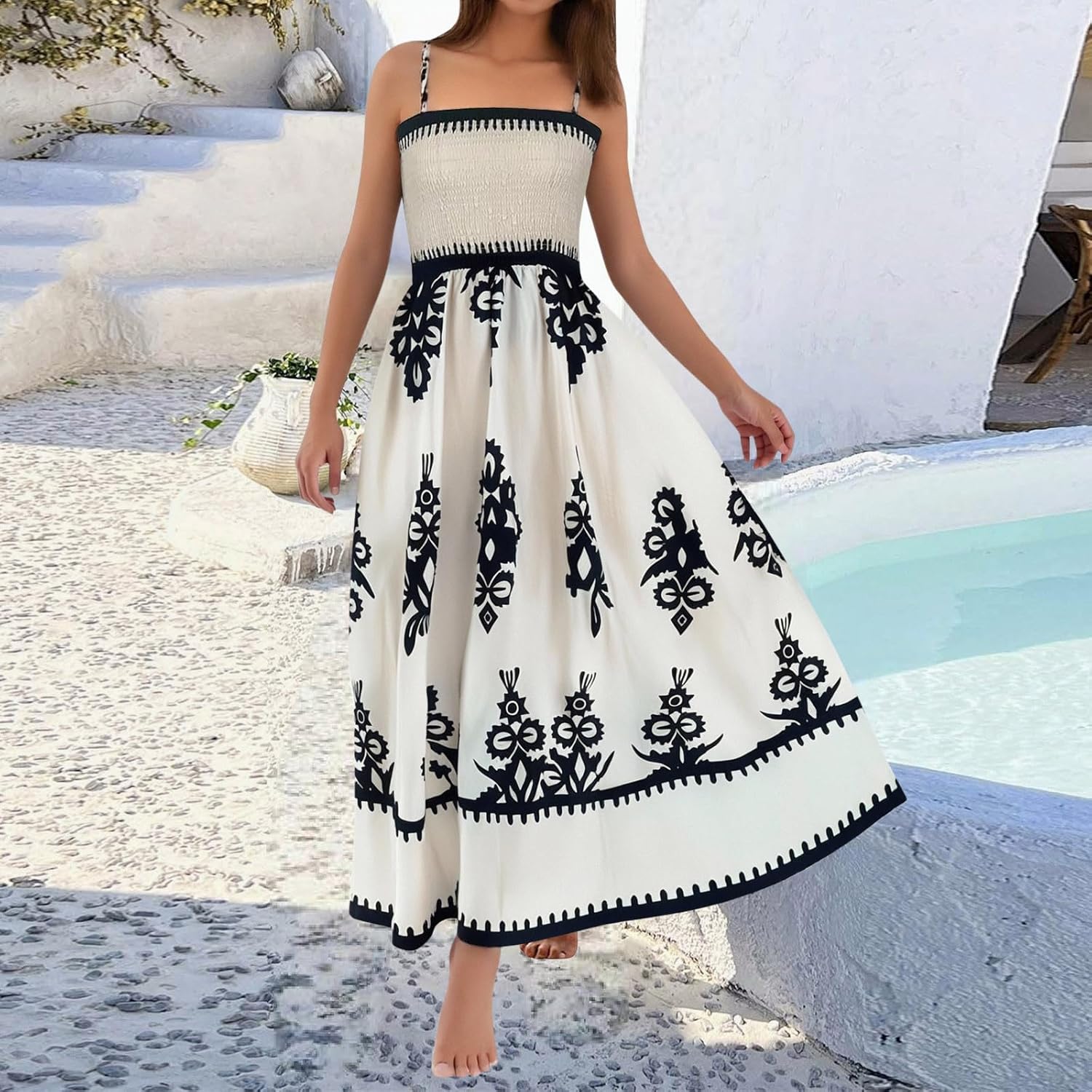 Amélie Women's Dress – Bohemian Maxi Dress with Smocked Square Neck Sleeveless Printed Summer