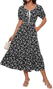 Tasha Midi Dress for Women – V-Neck, Smocked Waist & Elegant A-Line Summer Cut