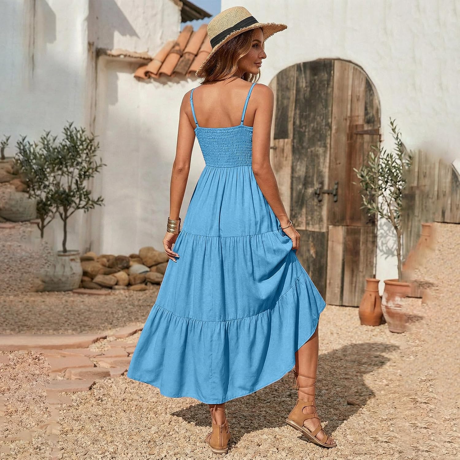 Léa Women's Dress – Bohemian Maxi Dress with Square Neck, Smocked, Ruffled, Flowing Summer Dress