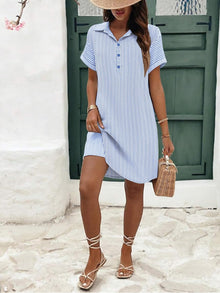 Clara Robe Femme Lin – Col V Boutonné, Manches Courtes, Coupe Ample, Poches