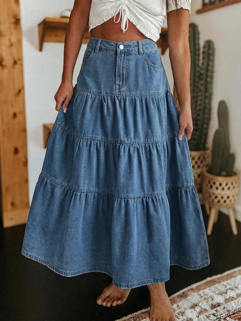 Verna Women's Jean Skirt – High Waist Maxi Denim Skirt, Ruffles & Pockets
