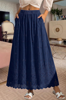 Marie Dowerme Women's Maxi Skirt – High Waist Elastic, Bohemian Embroidered Cotton A-Line