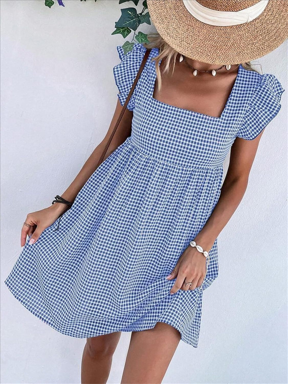 Lily Women's Robe – Midi Plaid Dress with Square Neck, Smocked, Ruffles, A-Line Summer Dress