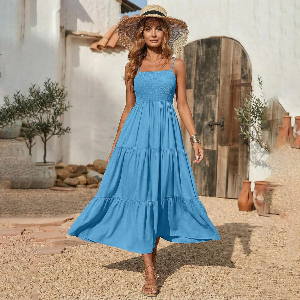 Léa Women's Dress – Bohemian Maxi Dress with Square Neck, Smocked, Ruffled, Flowing Summer Dress