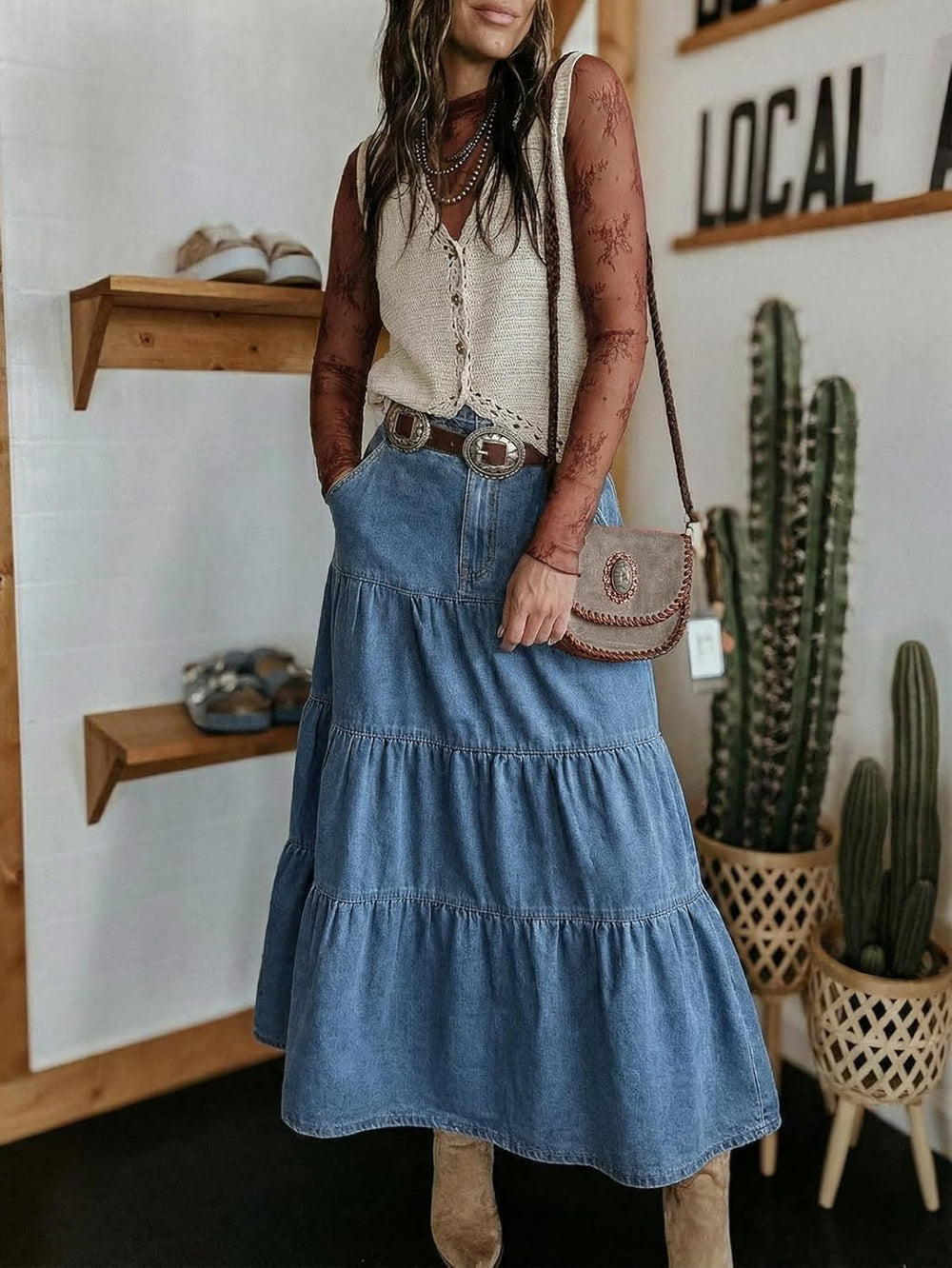 Verna Women's Jean Skirt – High Waist Maxi Denim Skirt, Ruffles & Pockets