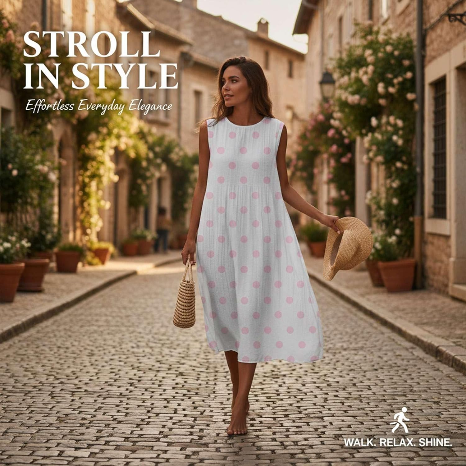 Elena Women's Dress – Floral Linen Midi Dress with Round Neck, Sleeveless, Pockets, Bohemian Summer