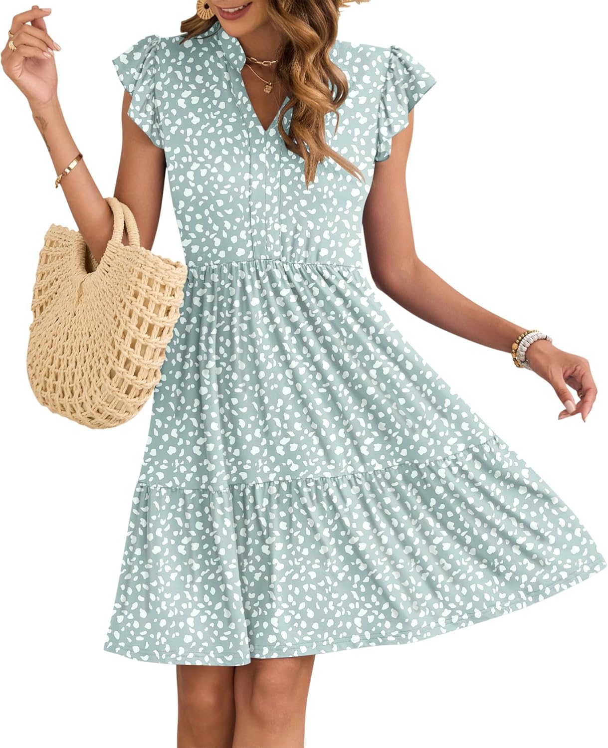 Aida Short Summer Dress for Women – V-Neck Dress with Ruffle Sleeves, Elastic Waist & Pockets