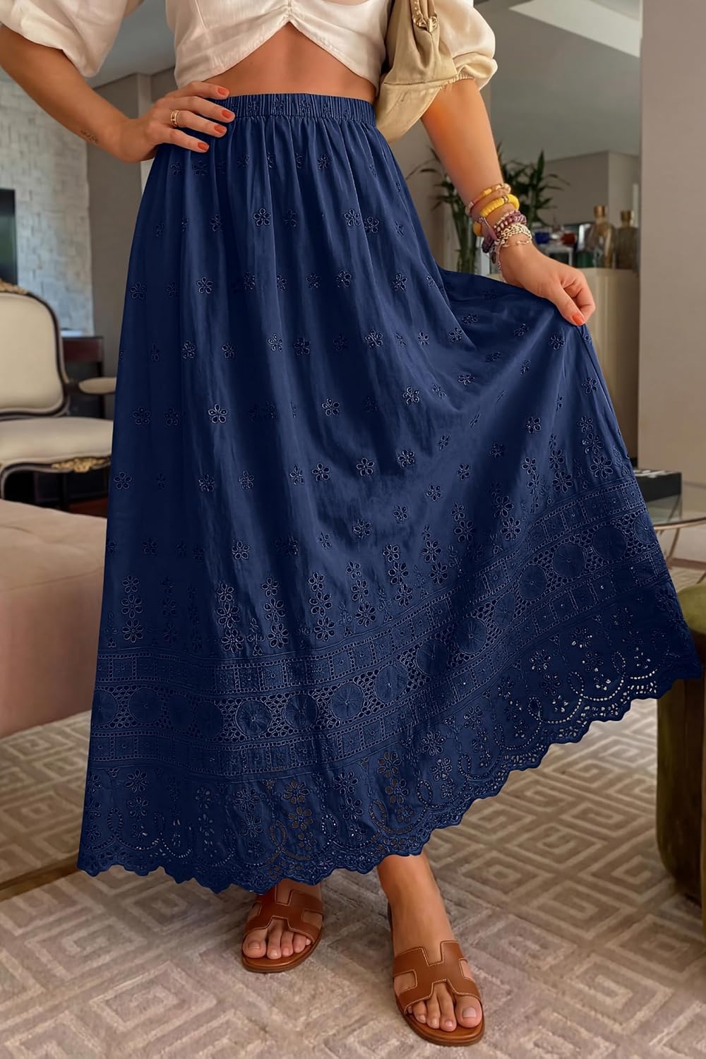 Marie Dowerme Women's Maxi Skirt – High Waist Elastic, Bohemian Embroidered Cotton A-Line
