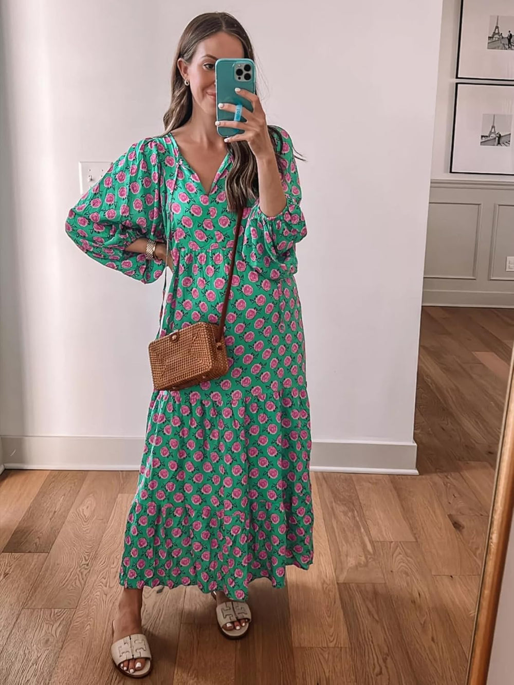 Amélie Women's Bohemian Maxi Dress – Long Flowing Dress with V-Neck and Geometric Print