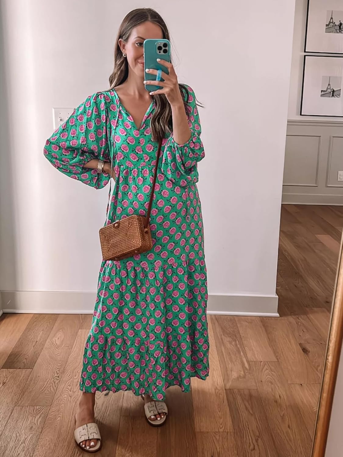 Amélie Women's Bohemian Maxi Dress – Long Flowing Dress with V-Neck and Geometric Print