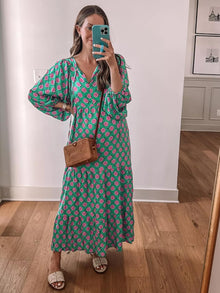 Amélie Women's Bohemian Maxi Dress – Long Flowing Dress with V-Neck and Geometric Print