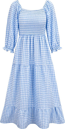 Léonie Bohemian Dress for Women – Off-Shoulder Ruffled Checkered Midi Summer Dress